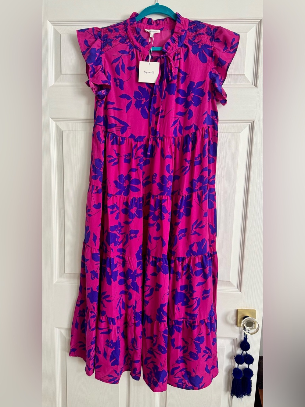 NWT Ipponelli Pink Purple Floral Tiered Midi Dress S Ruffle Sleeve Resort Vacay